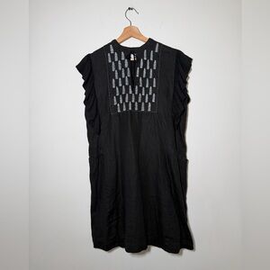 CASILDA MUT 100% LINEN HAND EMBROIDER SHIFT DRESS WITH POCKETS IN BLACK SIZE S
